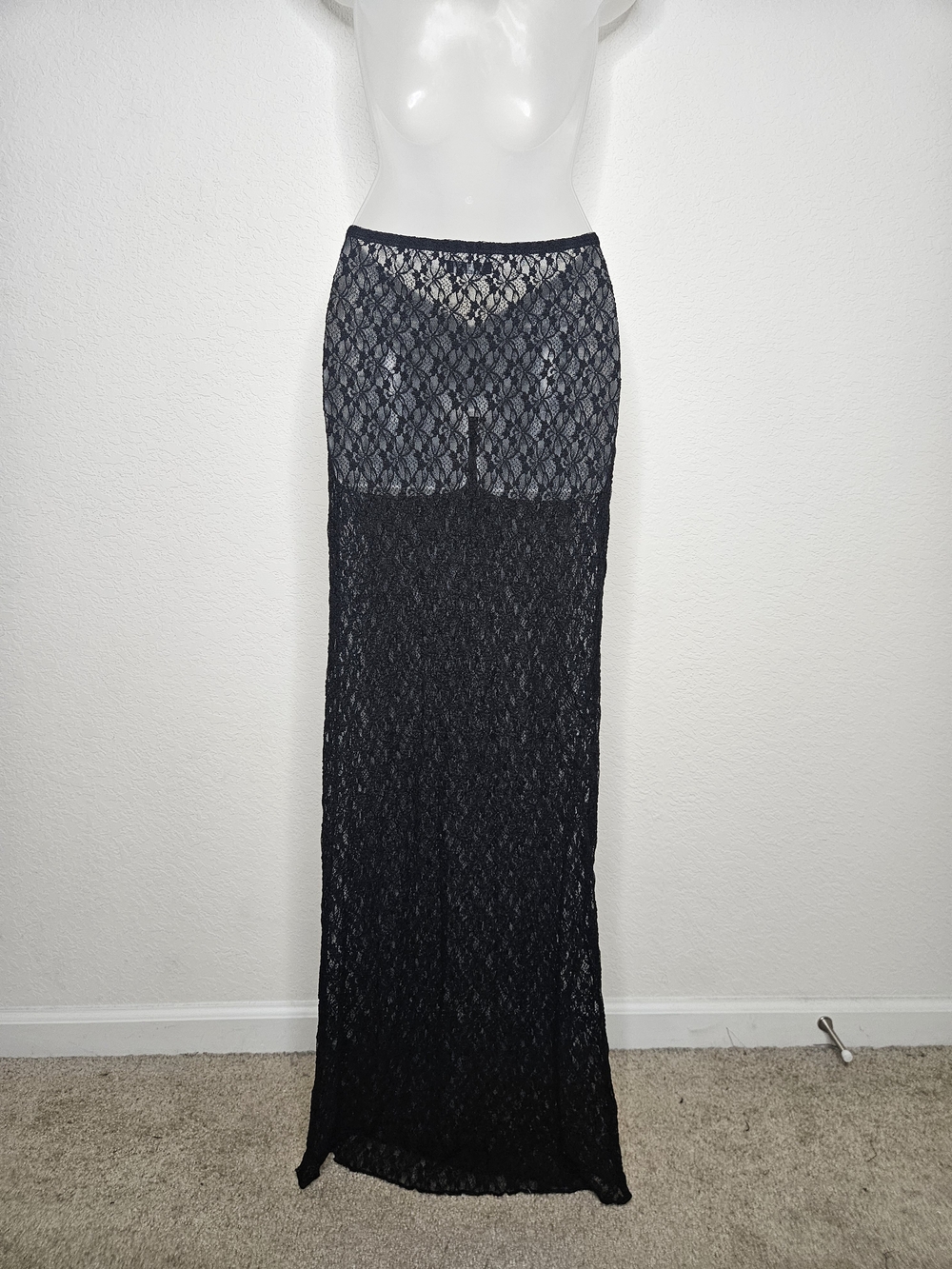 Naked Wardrobe Black Sheer Lace Maxi Skirt Ruched High Waist Size S - Picture 5 of 7
